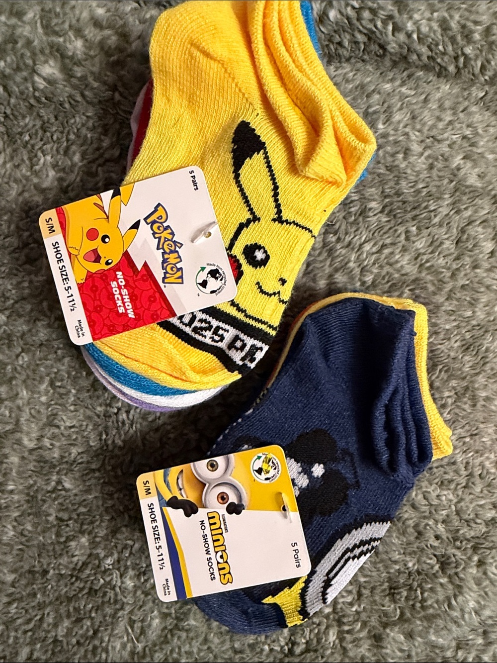 Kids 5 Pikachu & Pokémon Characters No-Show Socks 5 Minions Characters No show